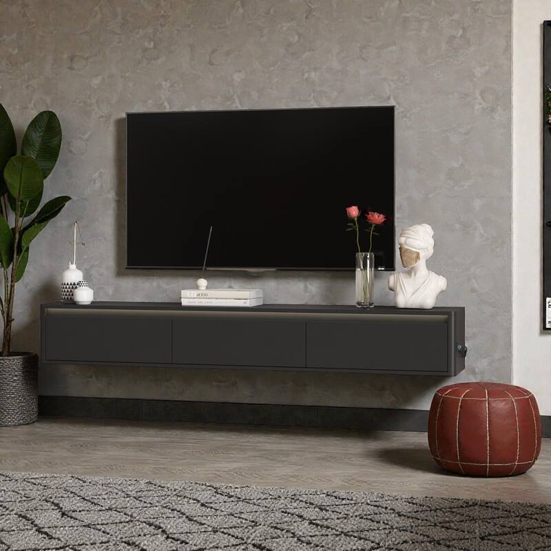 68.9" Floating TV Stand with LED Lights and Power Outlet, Wall Mounted High Gloss Media Console Shelf for Living Room