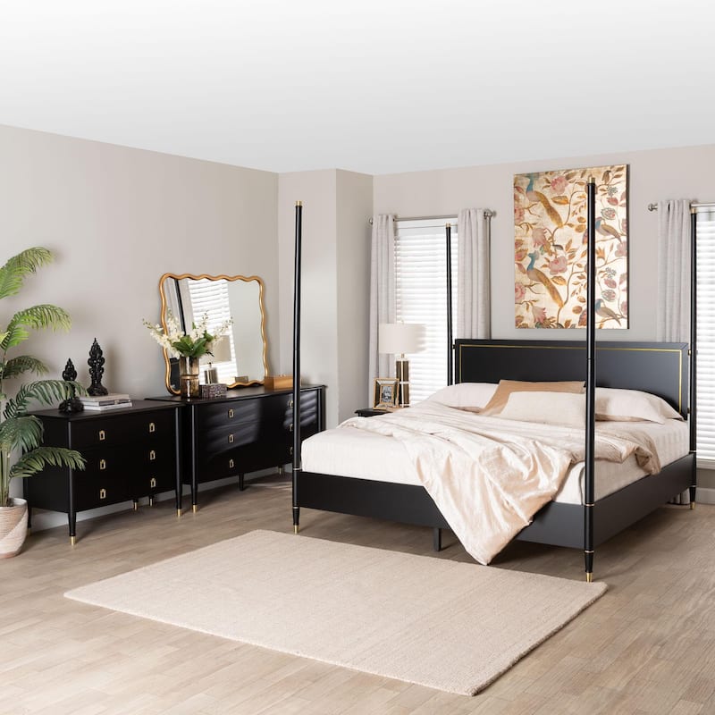 Baxton Studio Tamra Four-Poster Platform Bedroom Set - Black Wood Bed Frame with Matching Accents, Modern Transitional Furniture