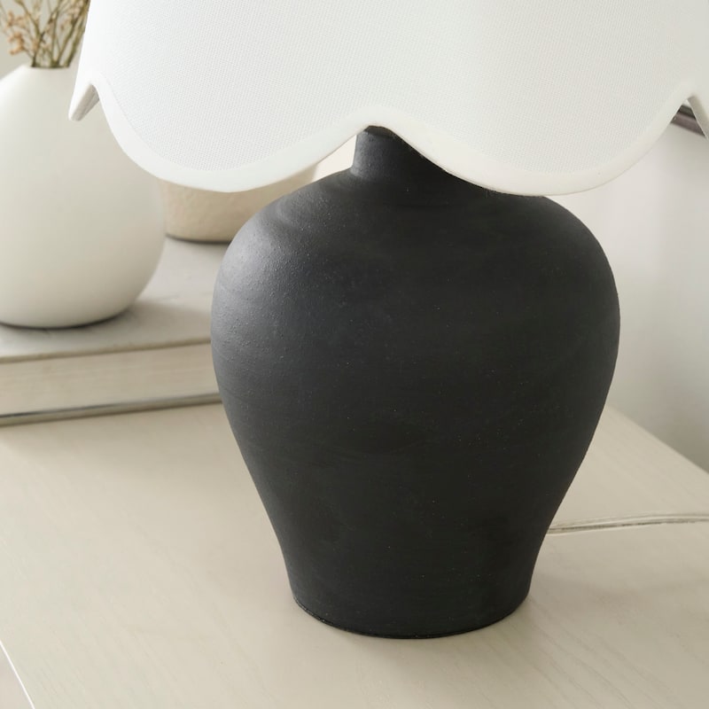 Nourison 18" Small Black Ceramic Table Lamp with White Scallop Shade