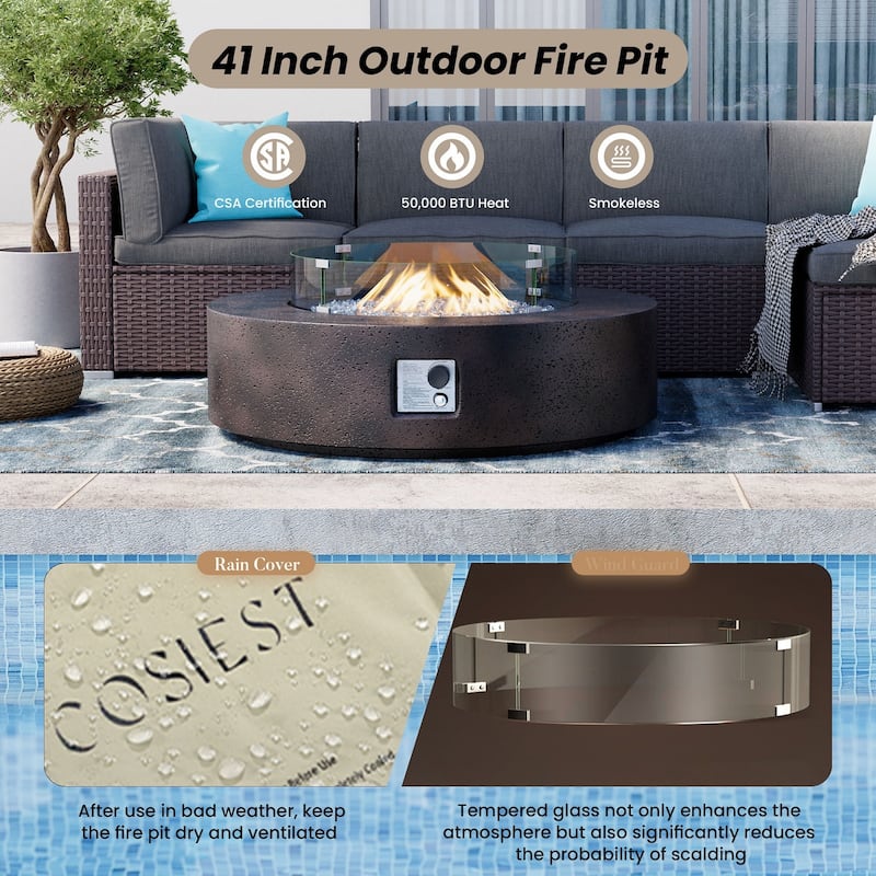 SUNBURY 42''Round Propane Fire Pit w Wind Guard and Fire Glass