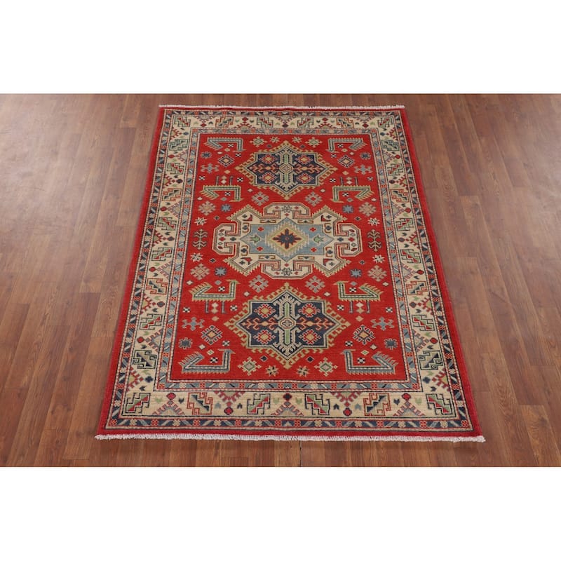 Geometric Kazak Accent Rug Handmade Wool Carpet - 4'2" x 5'9"