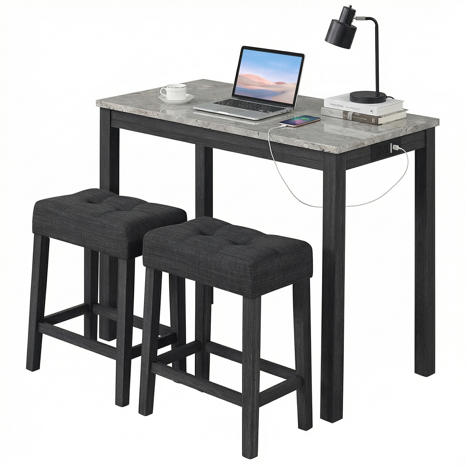 Gymax 3 PCS Bar Table Set w/ Charging Station Modern Counter Height