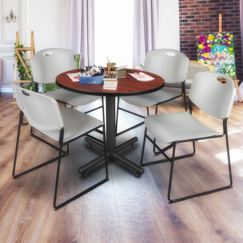 36 in. Round Breakroom Table- Cherry & 4 Stack Chairs- Grey