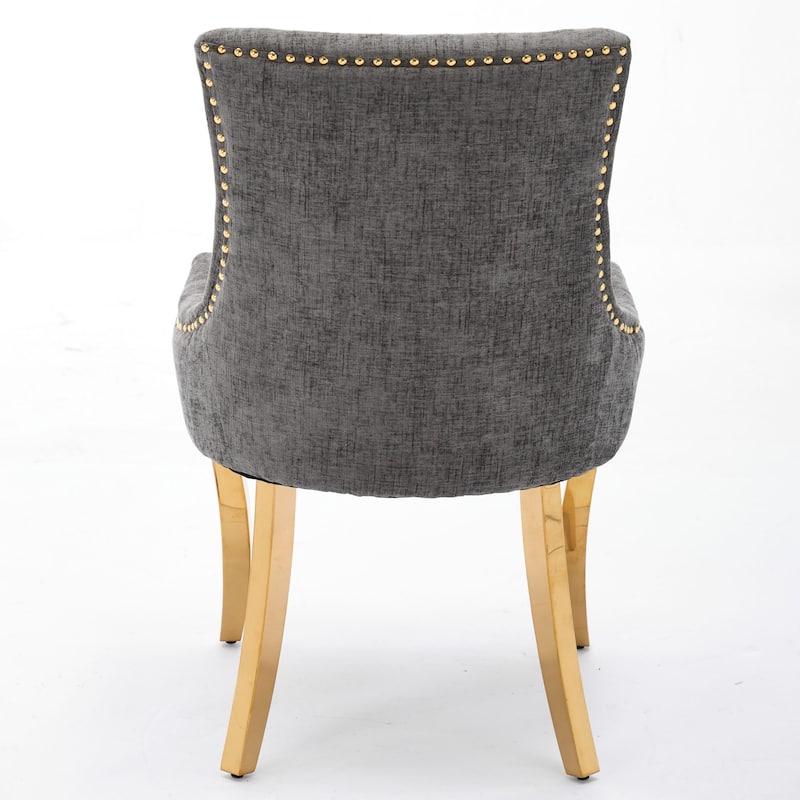 Chenille Dining Chairs, Modern Upholstered Accent Chair with Curved Gold-Plated Legs & Rivet Trim, Plush Fabric, Set of 2