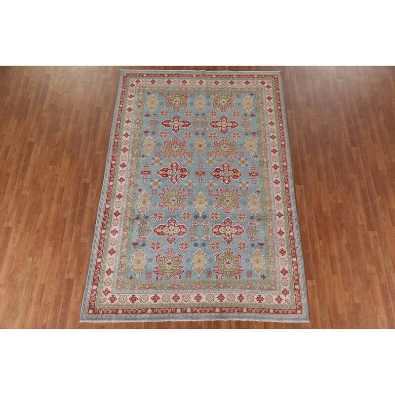 Hand Knotted Oriental 100% Wool Carpet Traditional All-Over Navy Blue & Blues Kazak Area Rug - 9' 8'' X 6' 6''