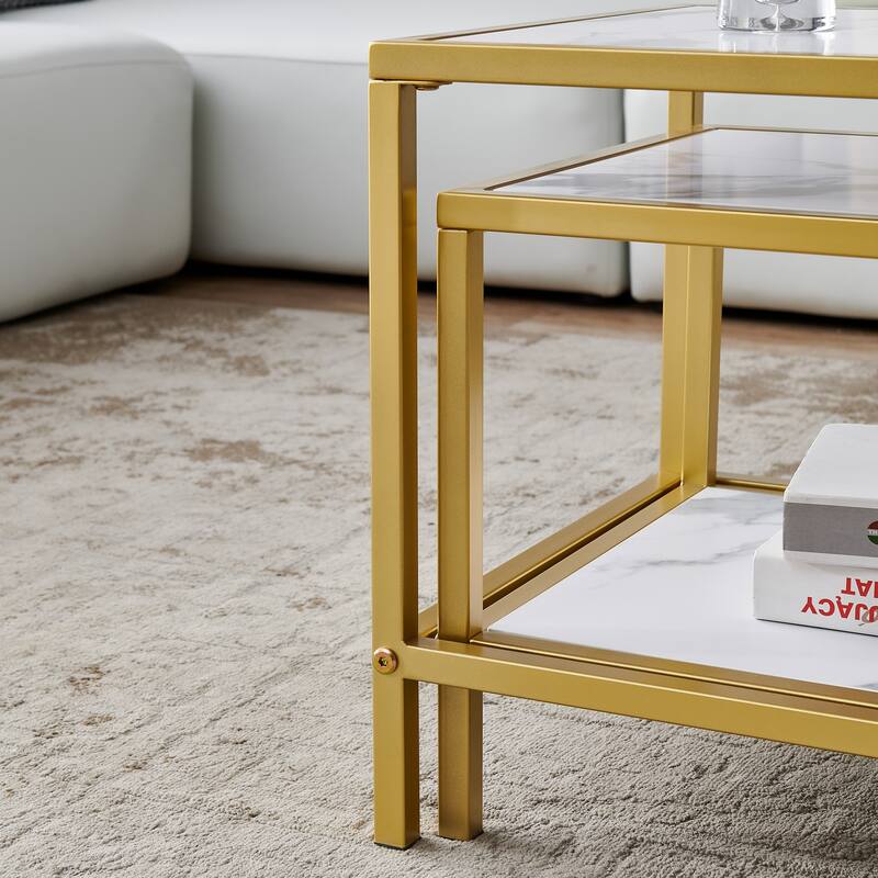 Wood marble color top Modern Nesting coffee table Square & rectangle With Black metal frame