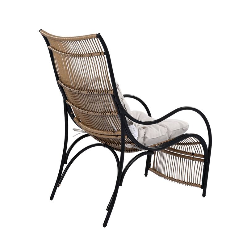 3 Pieces Wicker Outdoor Patio Furniture Set with Lounge Chair, Balcony Chairs Table Set with Cushions, Ottoman