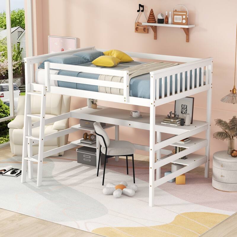 Full Size Loft Bed with Desk and Shelves Wooden Full Loft Bed