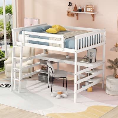 Full Size Loft Bed with Desk and Shelves Wooden Full Loft Bed