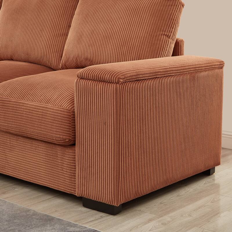 U-shaped corduroy sofa with removable footstool and storage armrests