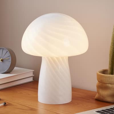 Brightech Mushroom 12.75 in. White Modern & Contemporary LED Bedside Table Lamp with Frosted White Glass Shade