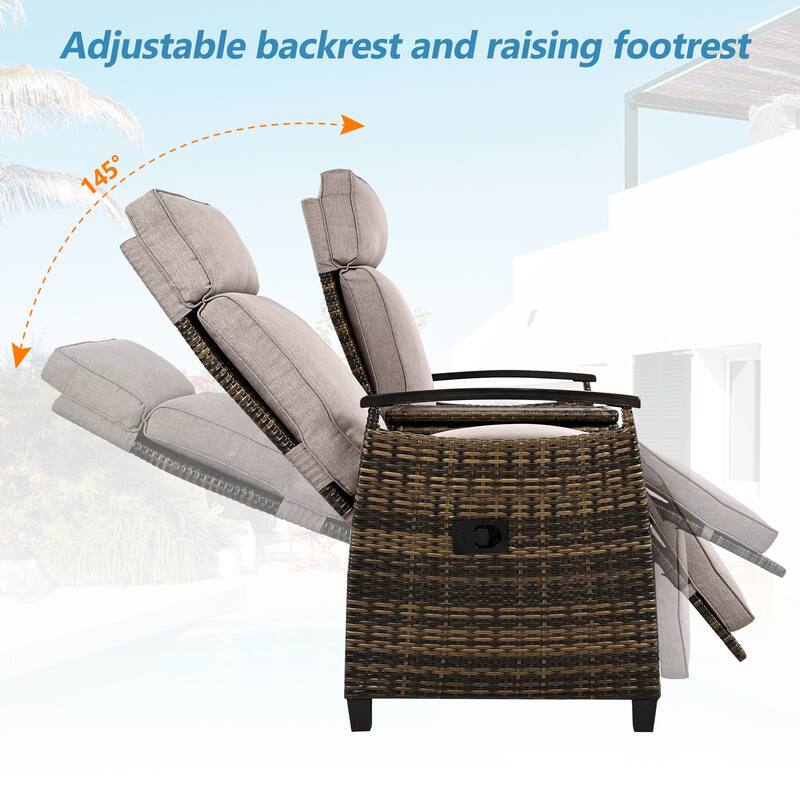 Outdoor Patio Recliner Loveseat Chair with Adjustable Backrest, All Weather 2 Seater PE Wicker Lounge Chair with Storage Box
