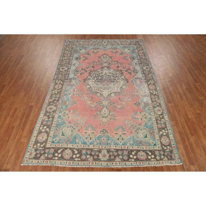 Pink Tabriz Persian Vintage Area Rug Hand-Knotted Wool Carpet - 6'6" x 10'4"