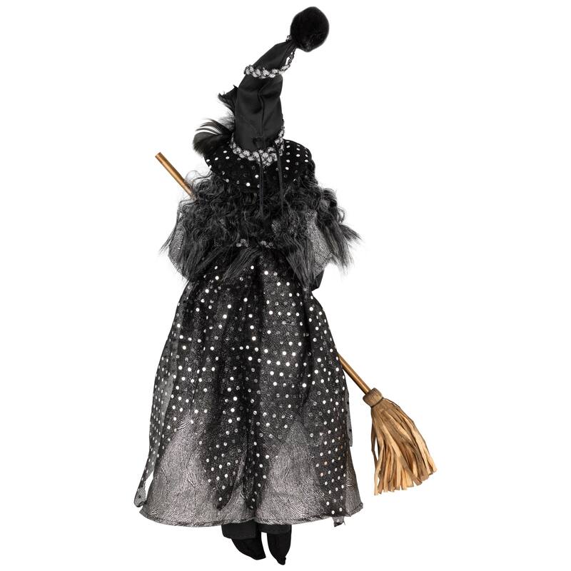 Witch with Broom Hanging Halloween Decoration - 18" - Black and Silver
