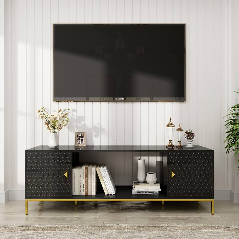 70 Inch TV Stand, Heavy Duty Wood Media Entertainment Center Console with Cabinet Storage & Open Shelves - Black