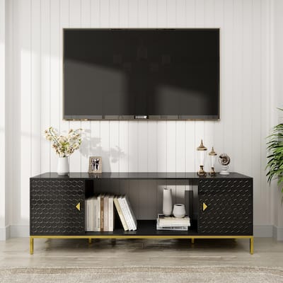 70 Inch TV Stand, Heavy Duty Wood Media Entertainment Center Console with Cabinet Storage & Open Shelves