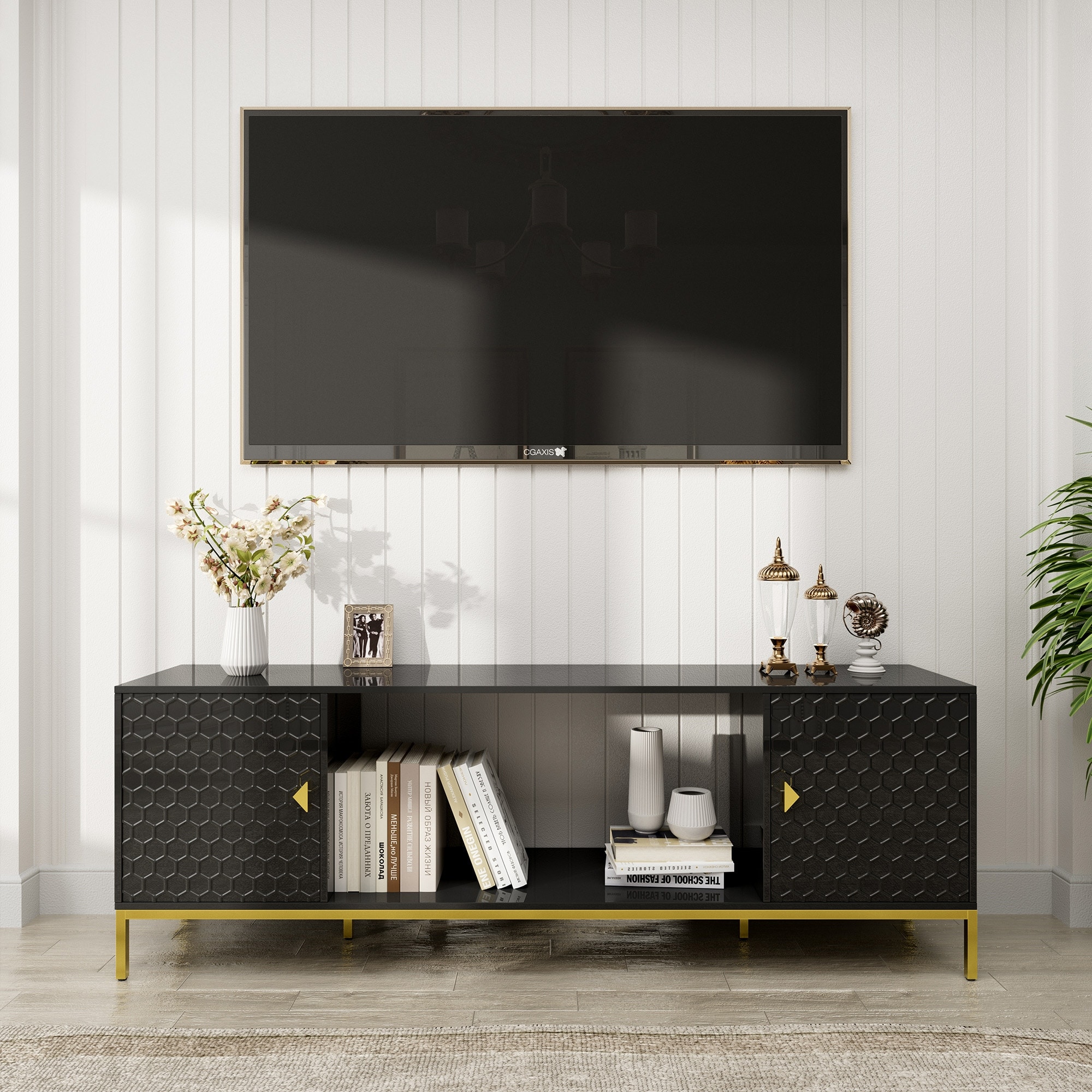 70 Inch TV Stand, Heavy Duty Wood Media Entertainment Center Console with Cabinet Storage & Open Shelves