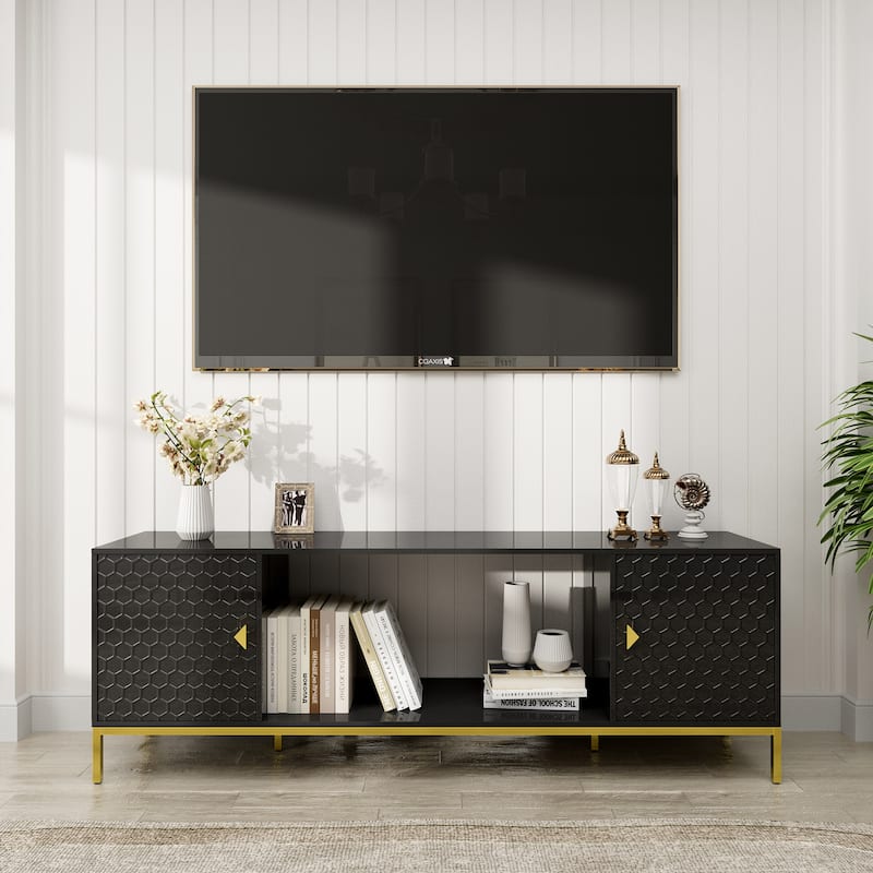 Modern Wood Media Console TV Stand for TVs up to 70", Entertainment Center Console with Cabinet Storage & Open Shelves - Black