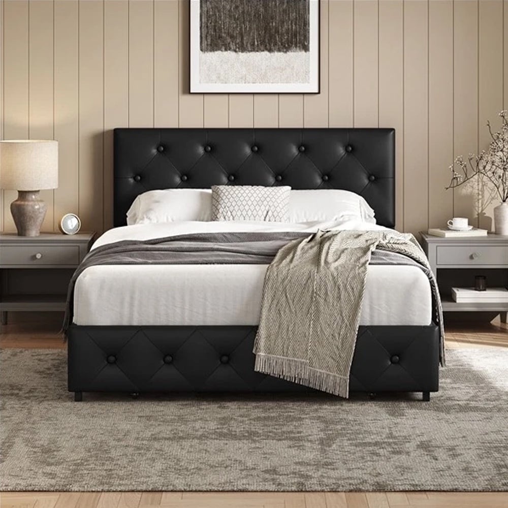 Full Upholstered Bed Frame with Adjustable Headboard 3 Drawers Black