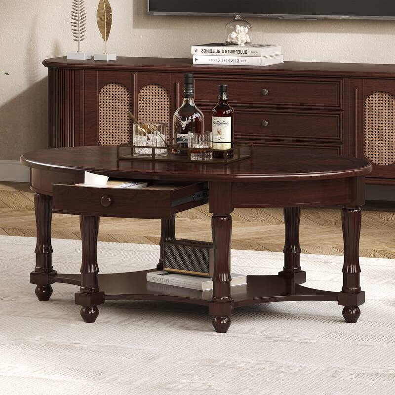 Vintage Oval Coffee Table with Drawer and Storage Shelf, Antique Cocktail Table in 45", Country Accent Table for Living Room