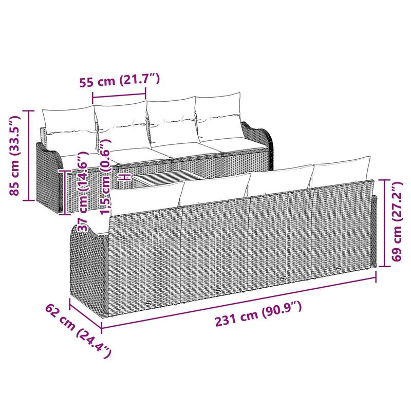 vidaXL 9 Garden Sofa Set with Cushions Black Poly Rattan - 90.9 x 24.4 x 27.2