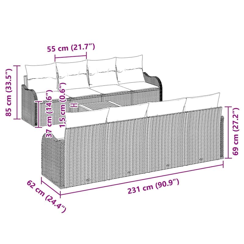 vidaXL 9 Piece Garden Sofa Set with Cushions - 90.9×24.4×27.2