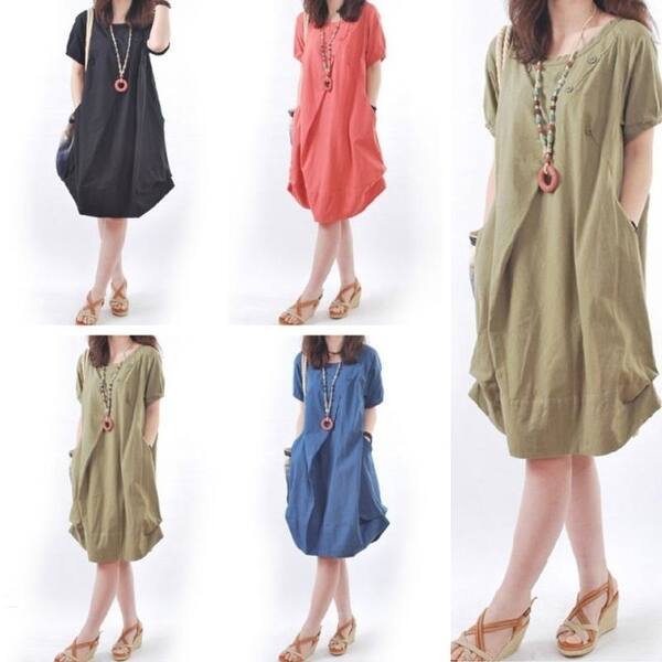 Shop S 5xl 2018 Summer Women Linen Dress Casual O Neck Short
