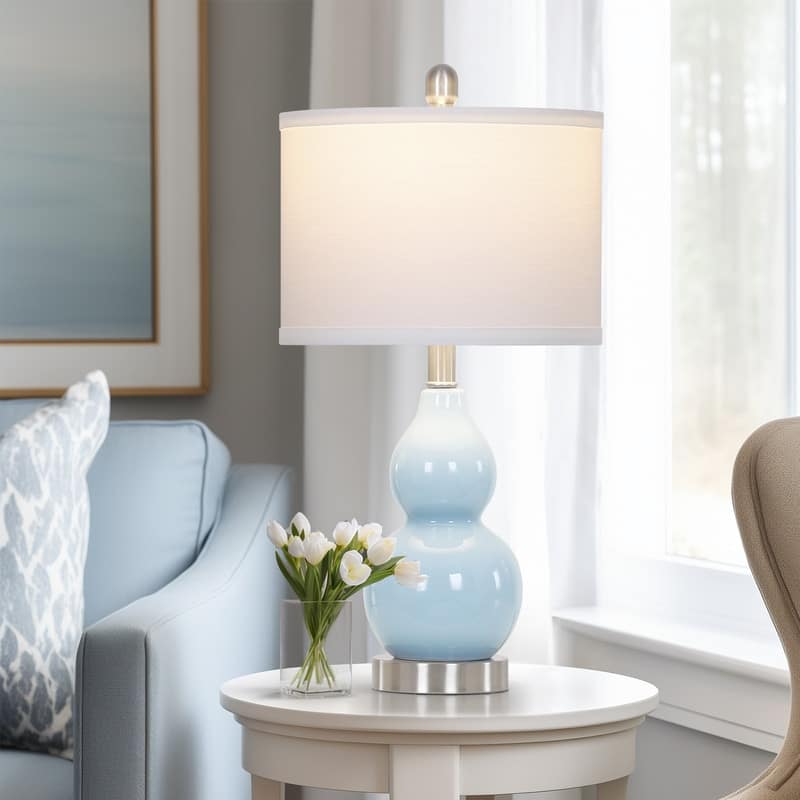 22'' Modern Blue Ceramic Table Lamp with Nickel Accents and Linen Drum Shade(Set of 2) - 11'' x 11'' x 22''