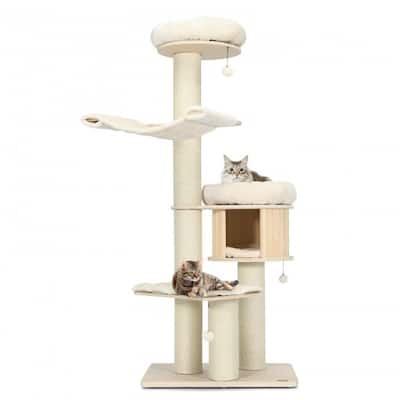 4-Layer 68.5-Inch Wooden Cat Tree Condo Activity Tower with Sisal Posts-Natural - Natural - 29.5" x 22" x 68.5"