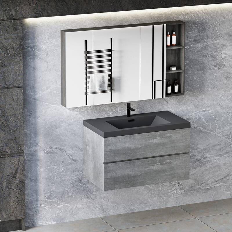 24/30/36/48/60 inch Melamine Floating Bathroom Vanity with Sink and Black Quartz Sand Top Basin and Soft Close Drawers