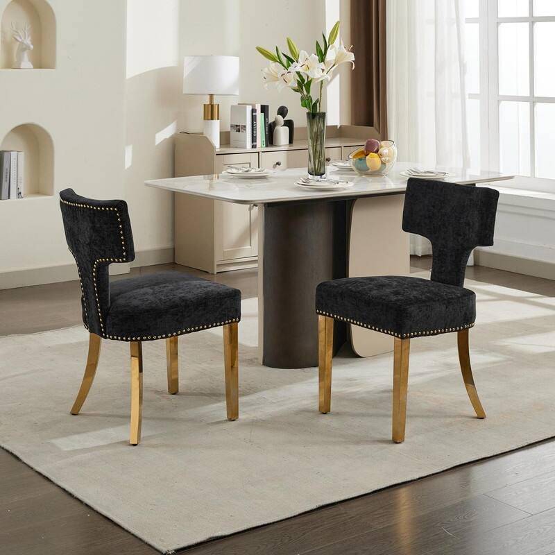 Dining Chairs Set of 2, Farmhouse Chenille Fabric Upholstered Accent Chair Curved Backrest with Copper Nails around - Black