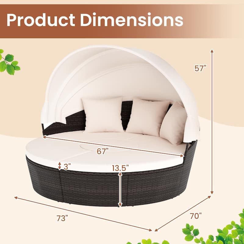 4 Piece Round Patio Daybed Set with Canopy Cushions and Table - 73" × 70" × 57"