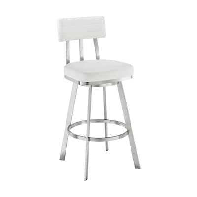 Col 26 Inch Swivel Counter Stool, White Faux Leather, Stainless Steel Frame