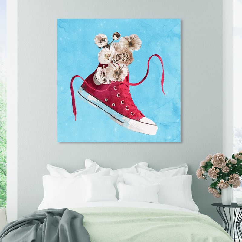Wynwood Studio Fashion and Glam Sneaker Flower Vase Red and Crimson Modern & Contemporary Wall Art Canvas Print - 40 x 40