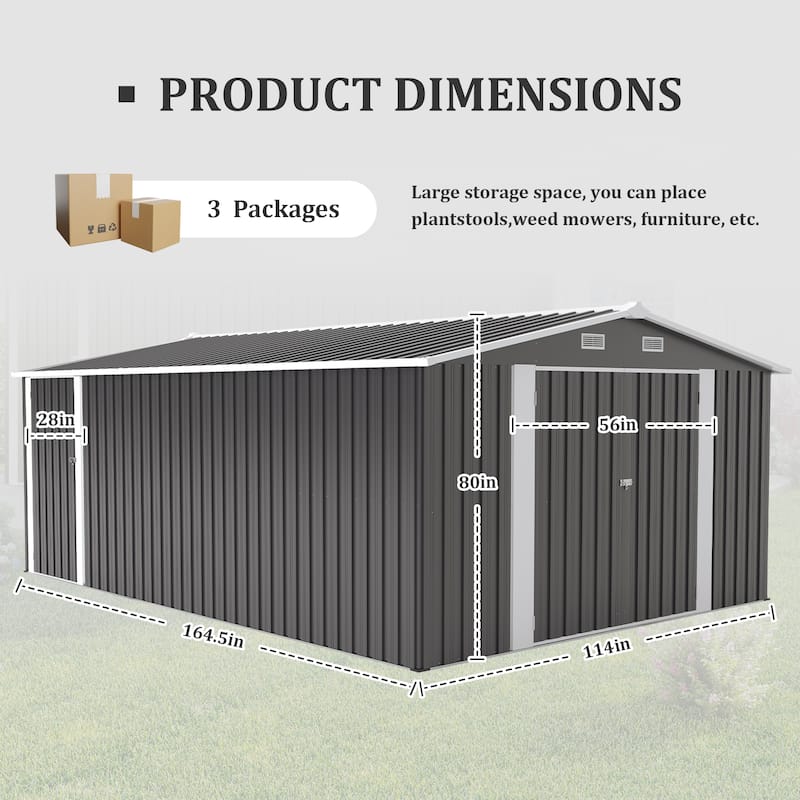 10X14 FT Outdoor Storage Shed with 3 Lockable Doors, 4 Vents