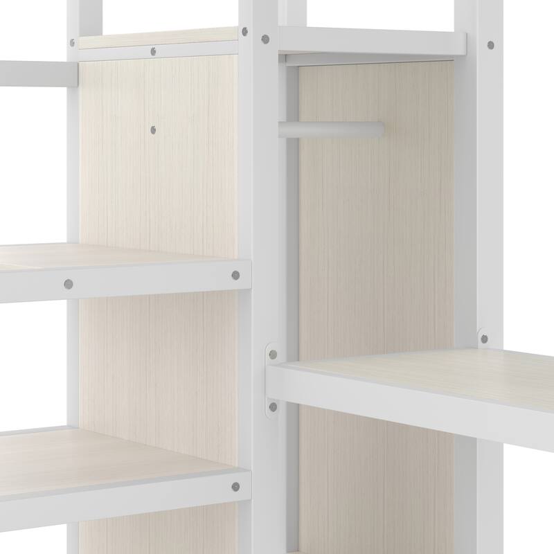 Metal Loft Bed with Stairs Built-in Storage Shelves and Wardrobe, High Loft Bed Frame with L-shaped Desk, USB and LED