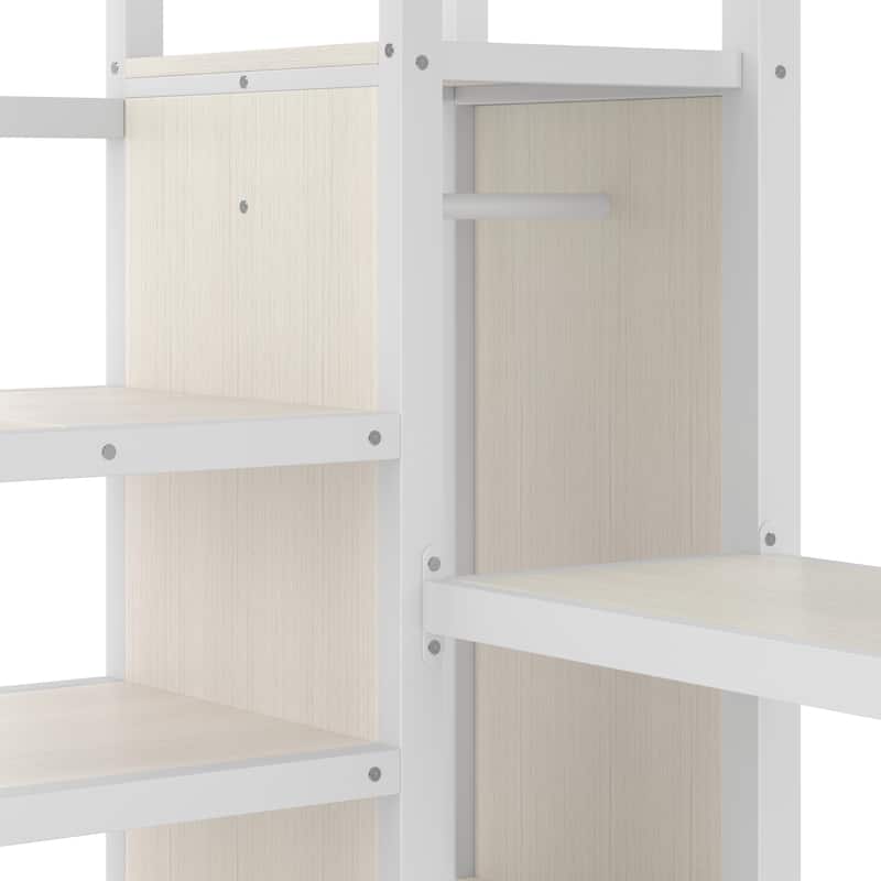 Queen Size Wood-grain Loft Bed with L-Shaped Desk, Wardrobe and USB/Charging Station
