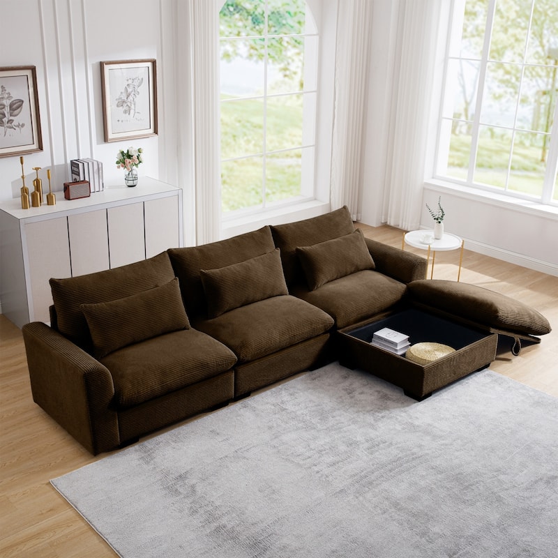122" Modular Corduroy Sectional Sofa with Storage Ottoman for Living Room