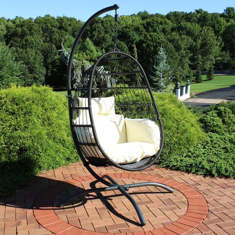 Penelope Hanging Egg Chair with Seat Cushions and Stand - Cream