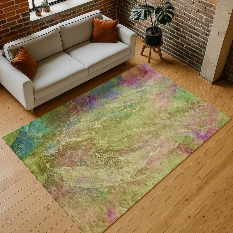 Machine Washable Indoor/ Outdoor Abstract Watercolor Chantille Rug