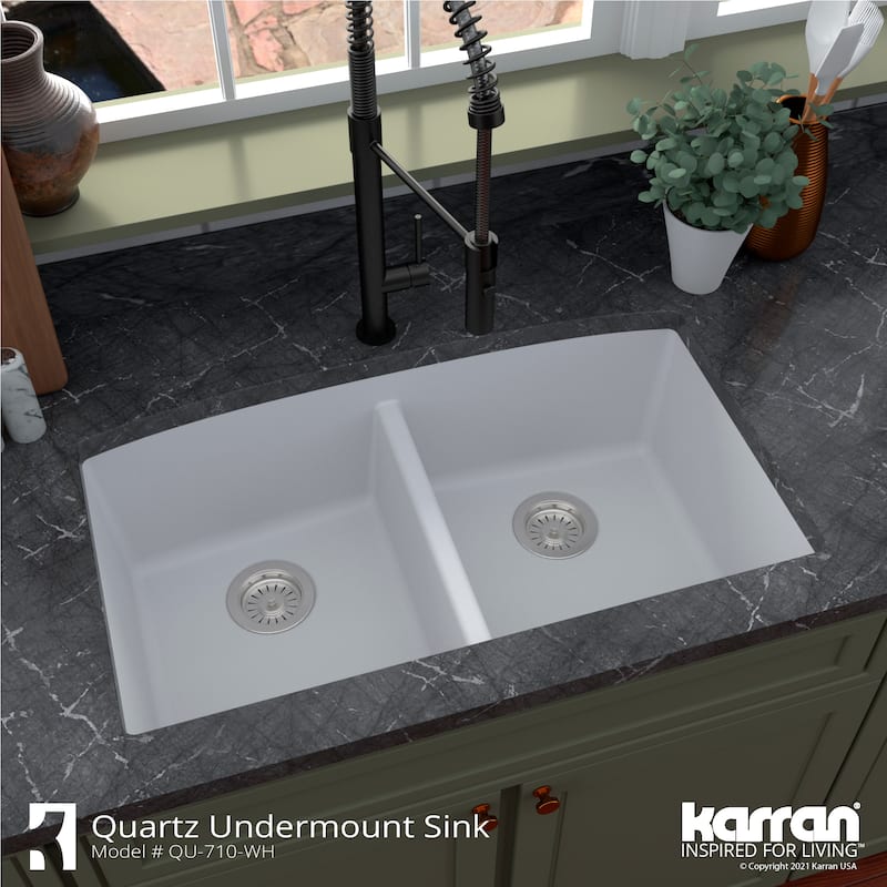 Karran Undermount Quartz 32 in. 50/50 Double Bowl Kitchen Sink Kit