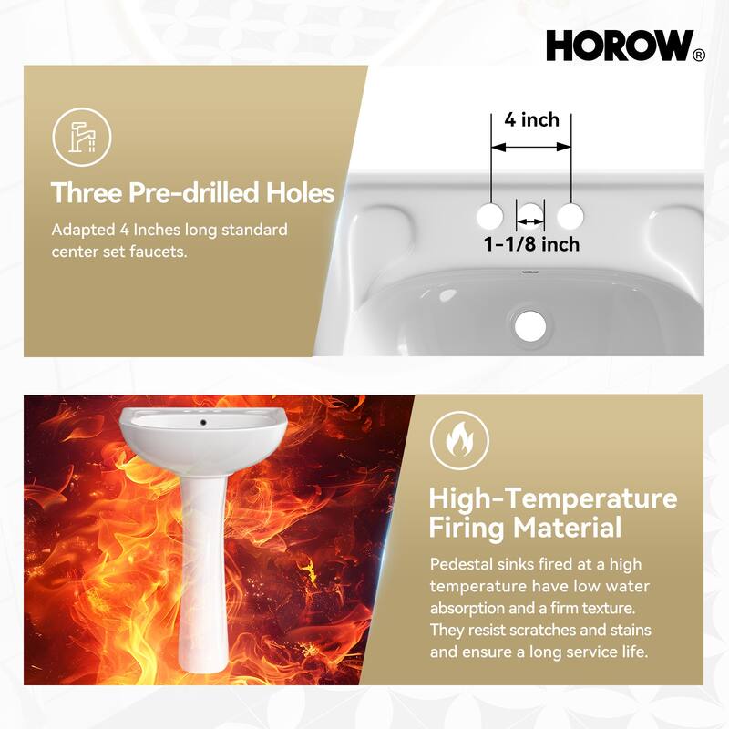 HOROW 21.7 in. W x 18.5 in. D Round Ceramic Pedestal Combo Bathroom Sink in White with Overflow Drain