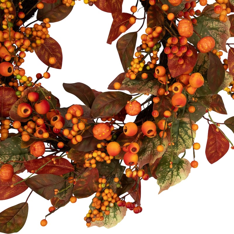 Berries and Pumpkins Artificial Fall Harvest Wreath - 24" - Orange and Green - Unlit