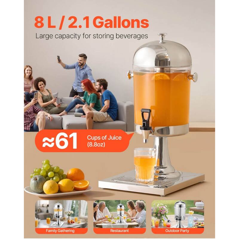 2.1 Gallon Stainless Steel Beverage Dispenser with No Drip Spigot and Ice Chamber for Events or Hotels