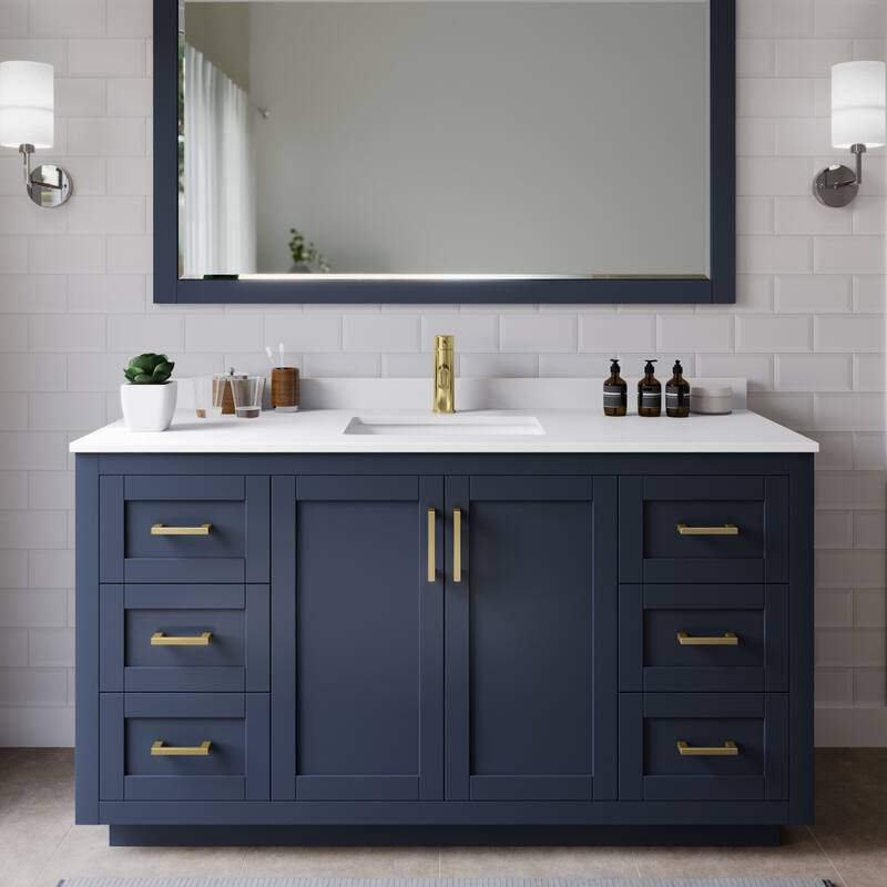 Wyndham Collection Miranda 60" Free Standing Single Basin Vanity Set - Dark Blue / White Cultured Marble Top / Brushed