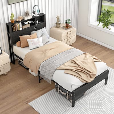 Twin Size Bed Frame with Storage Headboard, Metal Platform Bed with Charging Station, No Box Spring Needed