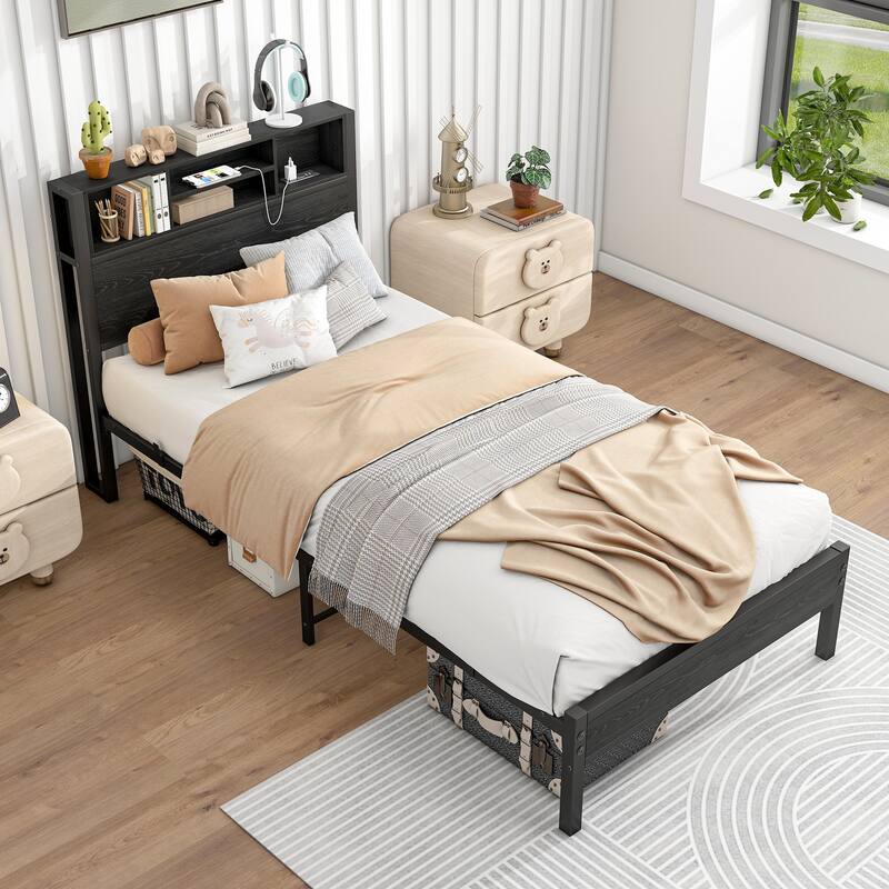 Twin Size Metal Platform Bed with USB Ports & Outlets, Storage Headboard Shelf, Underbed Space, Noise-Free Frame - Black