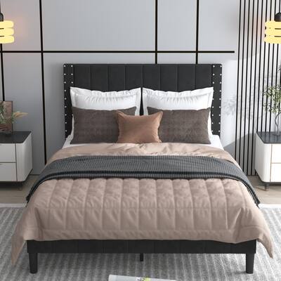 Vertical stripe Upholstered Headboard Platform Bed Frame，With wood Slat Support, Easy Assembly, Twin/Full/Queen Black