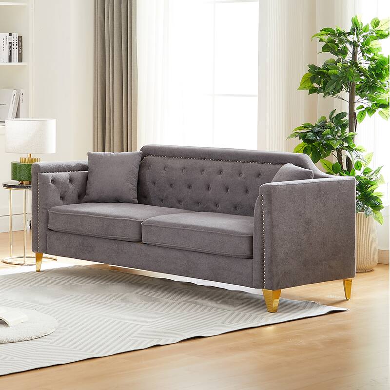 Chenille Fabric Sofa with Gold Metal Legs, Button Tufting, and Brass Nail Detail