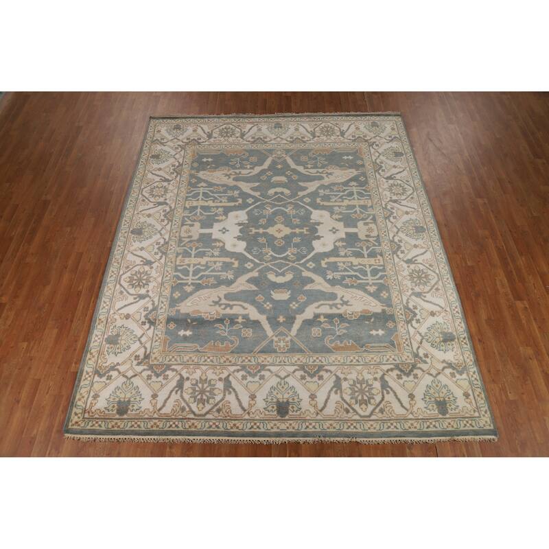 Blue Gray Oushak Indian Area Rug Handmade Wool Carpet - 8'1" x 9'11"